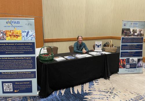 Woman sitting at ExFAB booth at a conference.